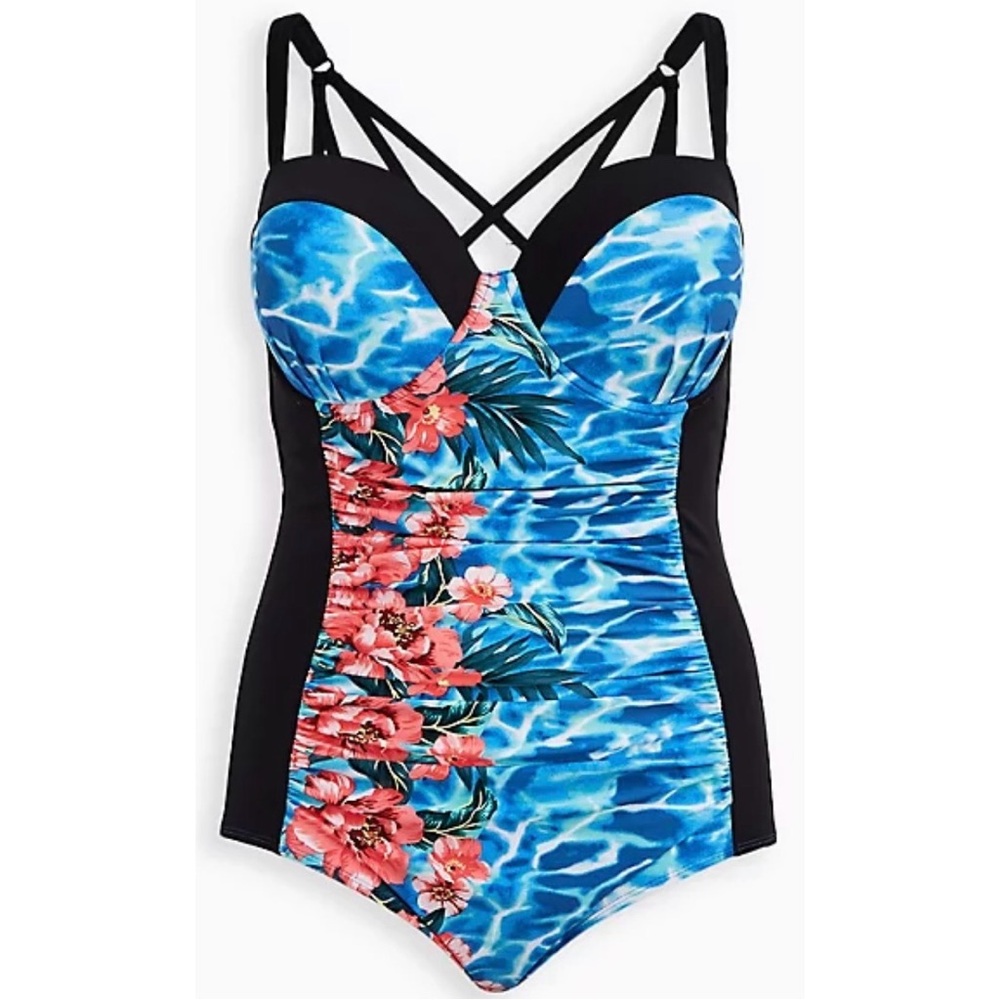 Torrid Underwire Slim Fix Blue Water Floral One-Piece Swimsuit NWT SZ 2 DD/F - Picture 5 of 16